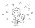 Coloring book for kids - smiling boy holds a girl in his arms. Valentines day. 14 February. Black and white cute cartoon hand draw Royalty Free Stock Photo